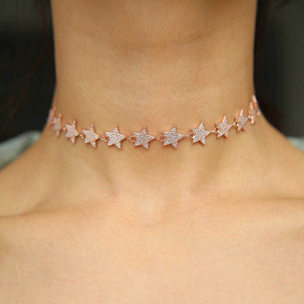 Micro pave clear cz star link chain Choker Necklace for Women gold plated 33+7cm delicate long jewelry Wedding Party gift