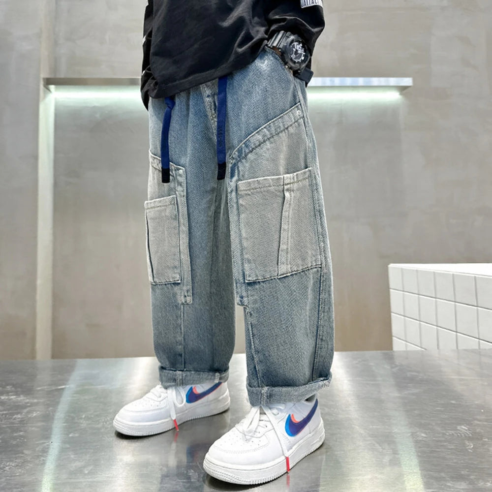 Teen Boys Jeans Spring Fall Children's Trousers Loose Fashion Cartoon Ripped Hole Toddler Korean Kids Casual Denim Pants 5-14 Y