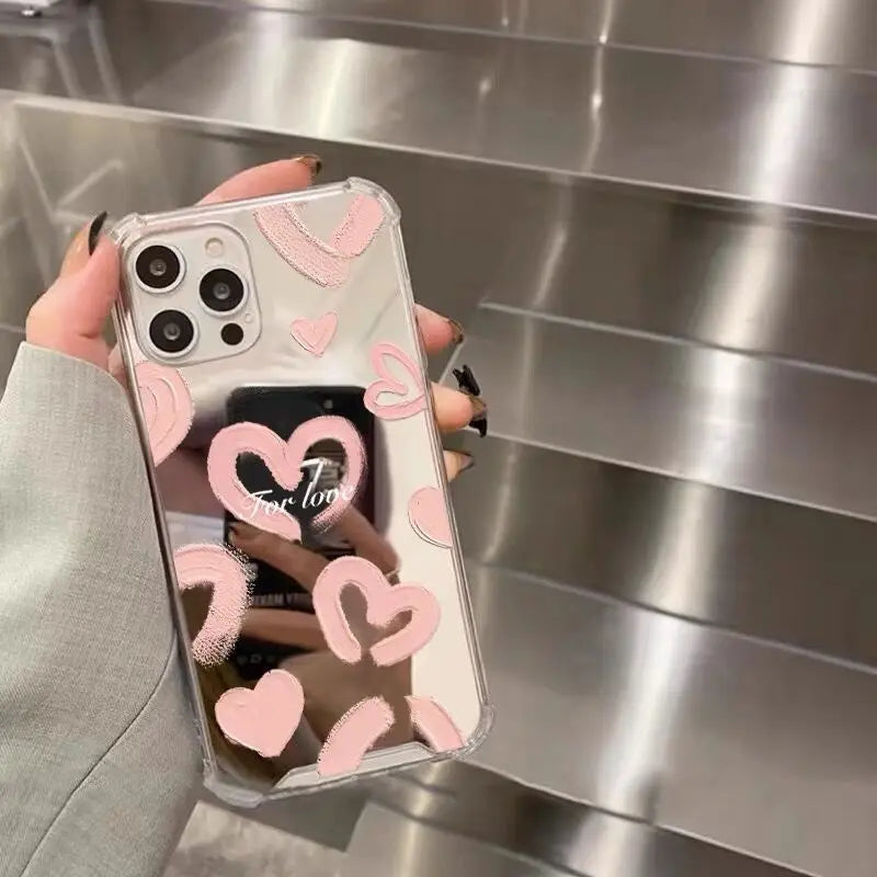 INS Mirror Face Love Heart Pattern Phone Case For iPhone 16 15 14 13 12 11 Pro Max XS Max XR 7 8 Plus Shockproof Girl Back Cover