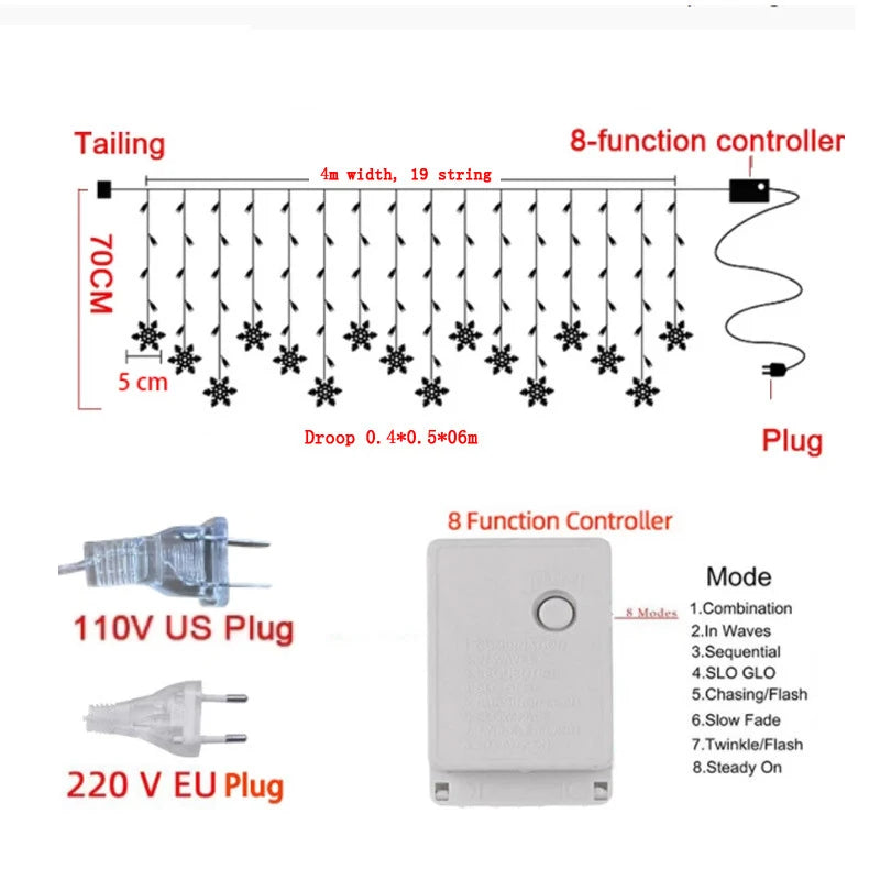 4M Led Light Curtain Garland Holiday Lighting Christmas Decorations Bedroom Party Lights New Year's Eve Fairy Home Decoration