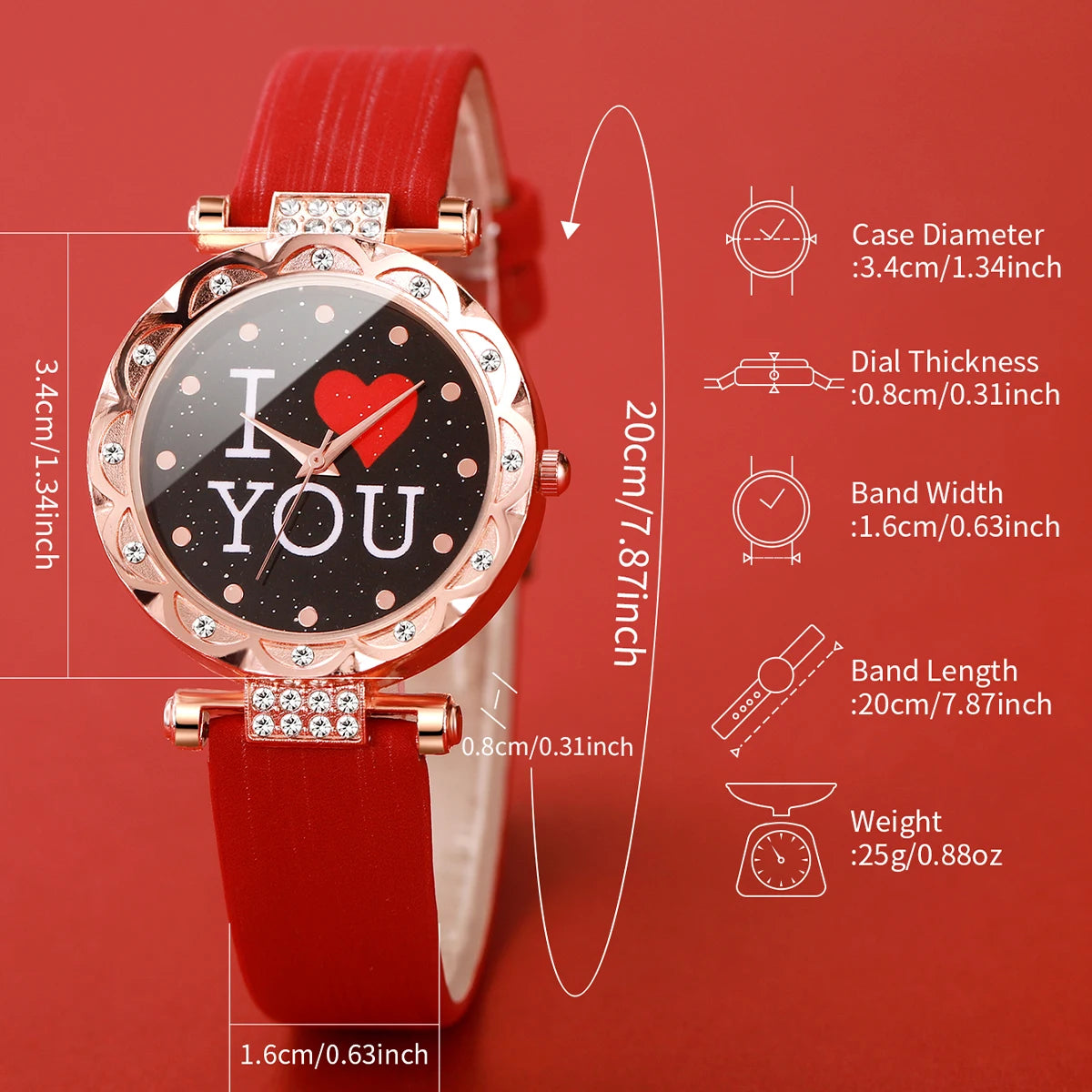 5PCS/Set Fashion Women's Watch Rhinestone Leather Band Quartz Watches Diamond Jewelry Set Gift For Mom(Without Box)