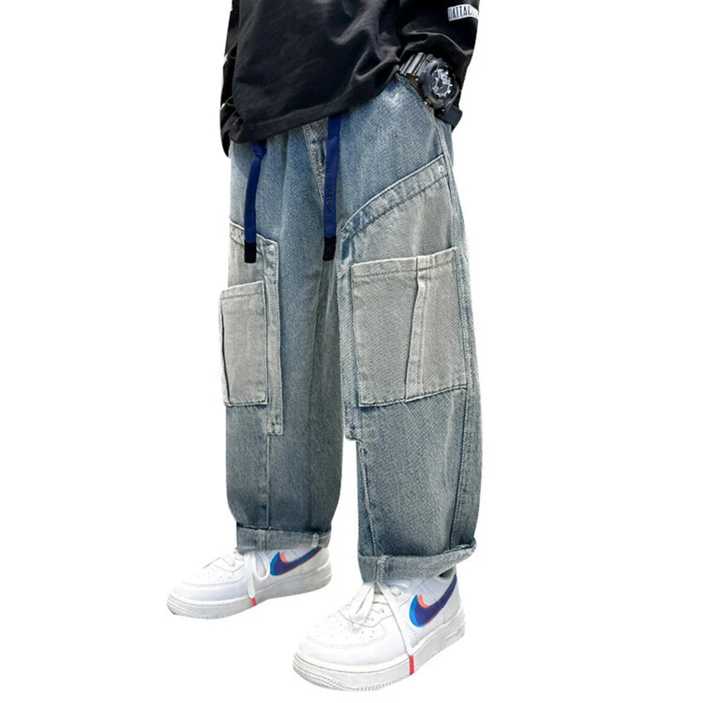 Teen Boys Jeans Spring Fall Children's Trousers Loose Fashion Cartoon Ripped Hole Toddler Korean Kids Casual Denim Pants 5-14 Y