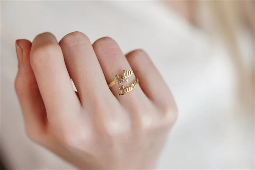 Tangula Personalized Custom 1-3 Names Ring Opening Adjustable Stainless Steel Women Mother  Daughter Couples Best Gift Jewelry
