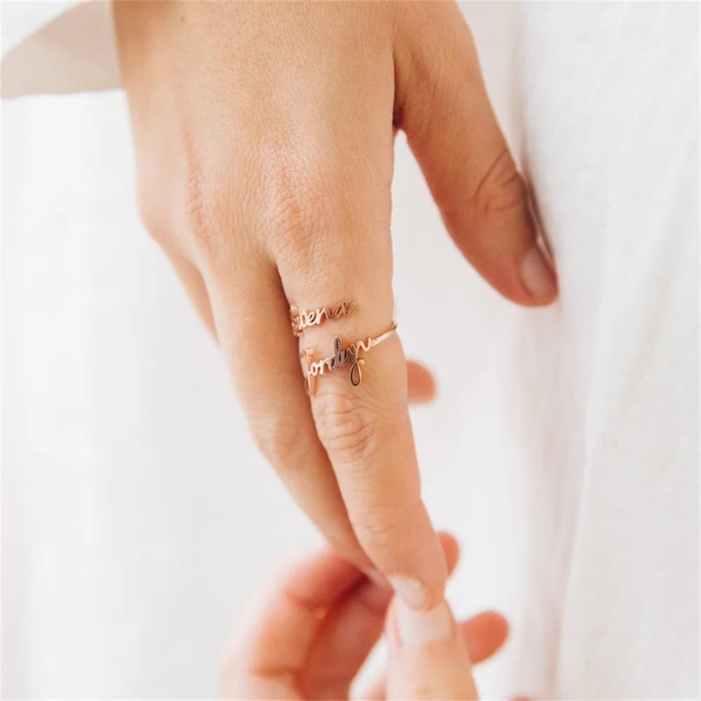 Tangula Personalized Custom 1-3 Names Ring Opening Adjustable Stainless Steel Women Mother  Daughter Couples Best Gift Jewelry