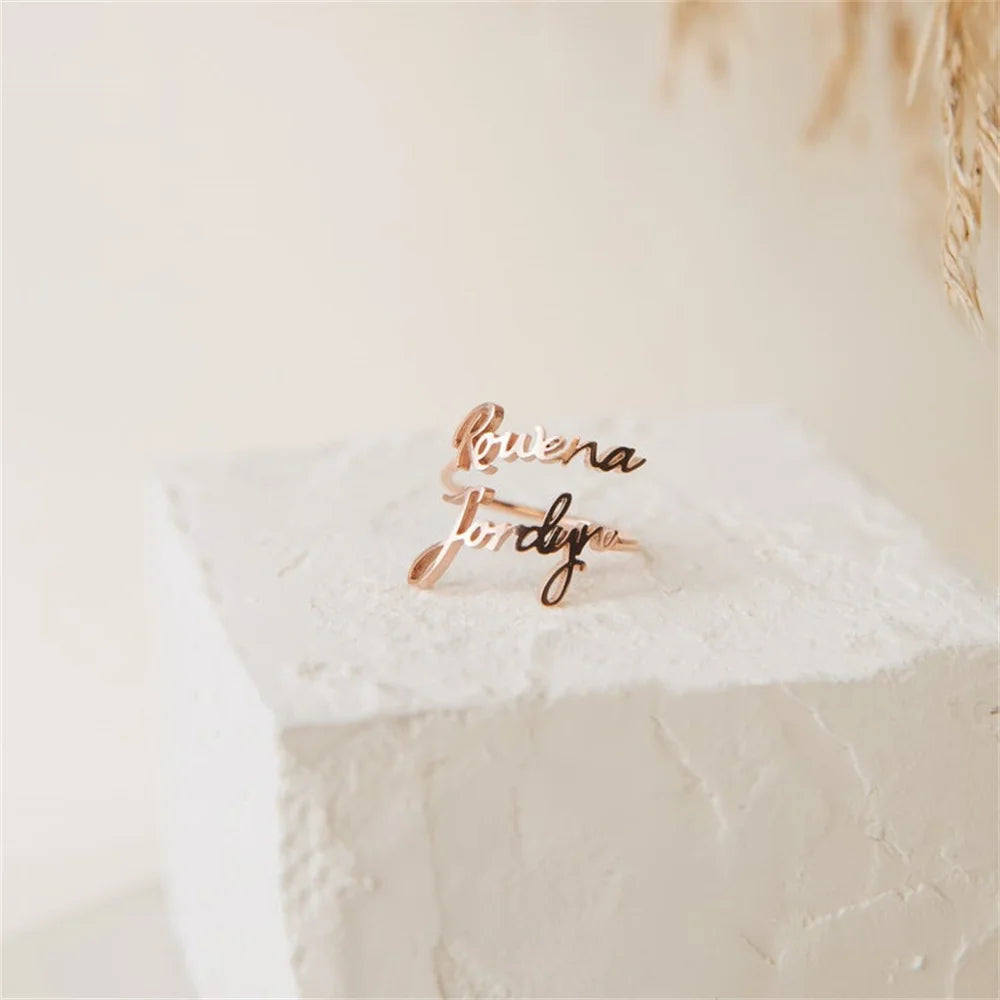 Tangula Personalized Custom 1-3 Names Ring Opening Adjustable Stainless Steel Women Mother  Daughter Couples Best Gift Jewelry