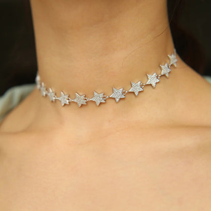 Micro pave clear cz star link chain Choker Necklace for Women gold plated 33+7cm delicate long jewelry Wedding Party gift
