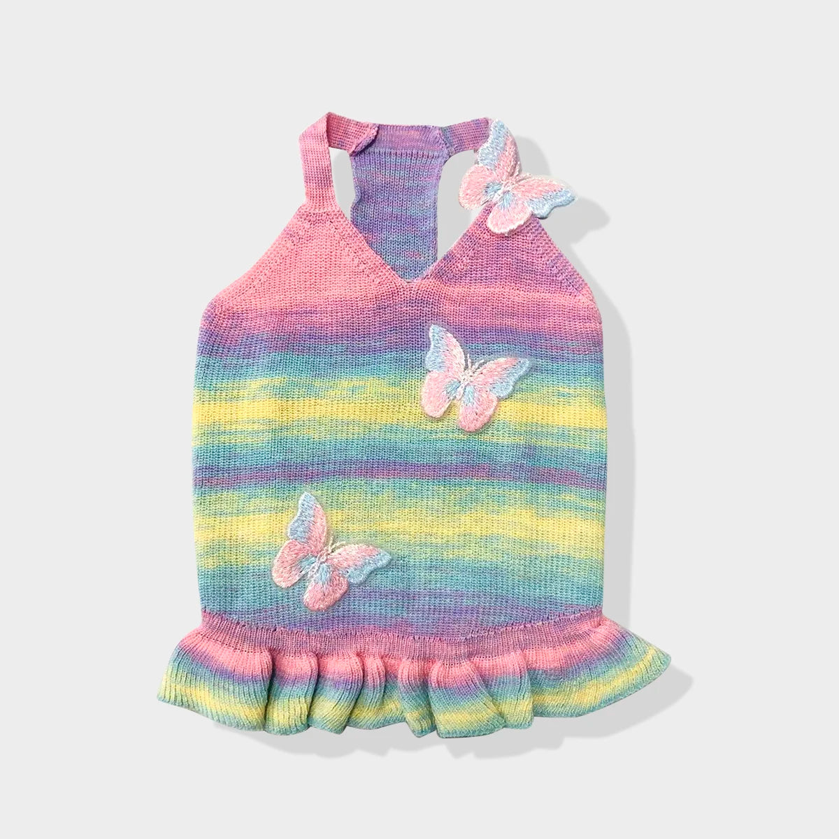 Dog Dress for Small Dogs Knitted Costume Rainbow Puppy with Butterfly Doggie Pet Clothes Soft Apparel for Dogs Cats Daily Wear