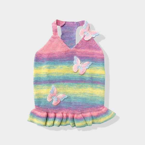 Dog Dress for Small Dogs Knitted Costume Rainbow Puppy with Butterfly Doggie Pet Clothes Soft Apparel for Dogs Cats Daily Wear