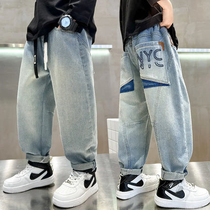 Teen Boys Jeans Spring Fall Children's Trousers Loose Fashion Cartoon Ripped Hole Toddler Korean Kids Casual Denim Pants 5-14 Y