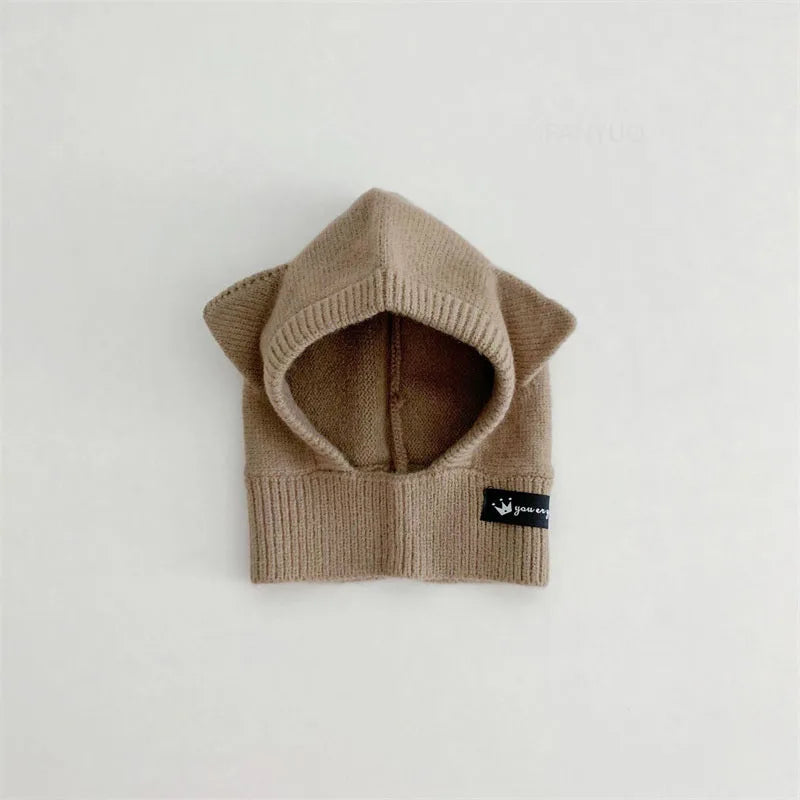 Baby Scarf Hat One-piece Knitted Cap Warm Cute Double Hairball Children Ear Protection Caps Korean Boys Girls Kid Windproof Hats