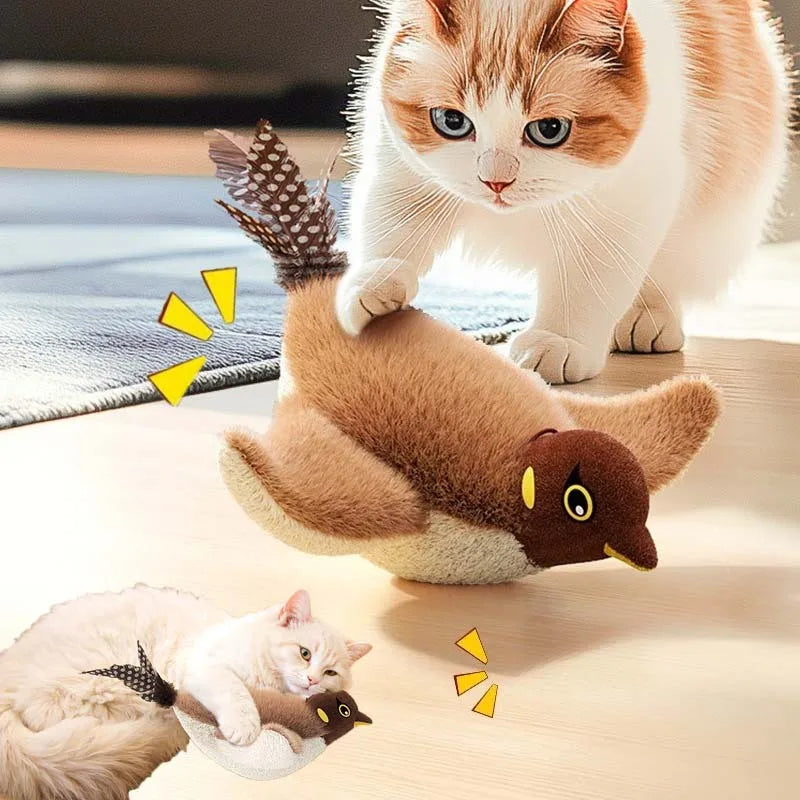 Rechargeable electric bird toy with feathers for interactive cat play