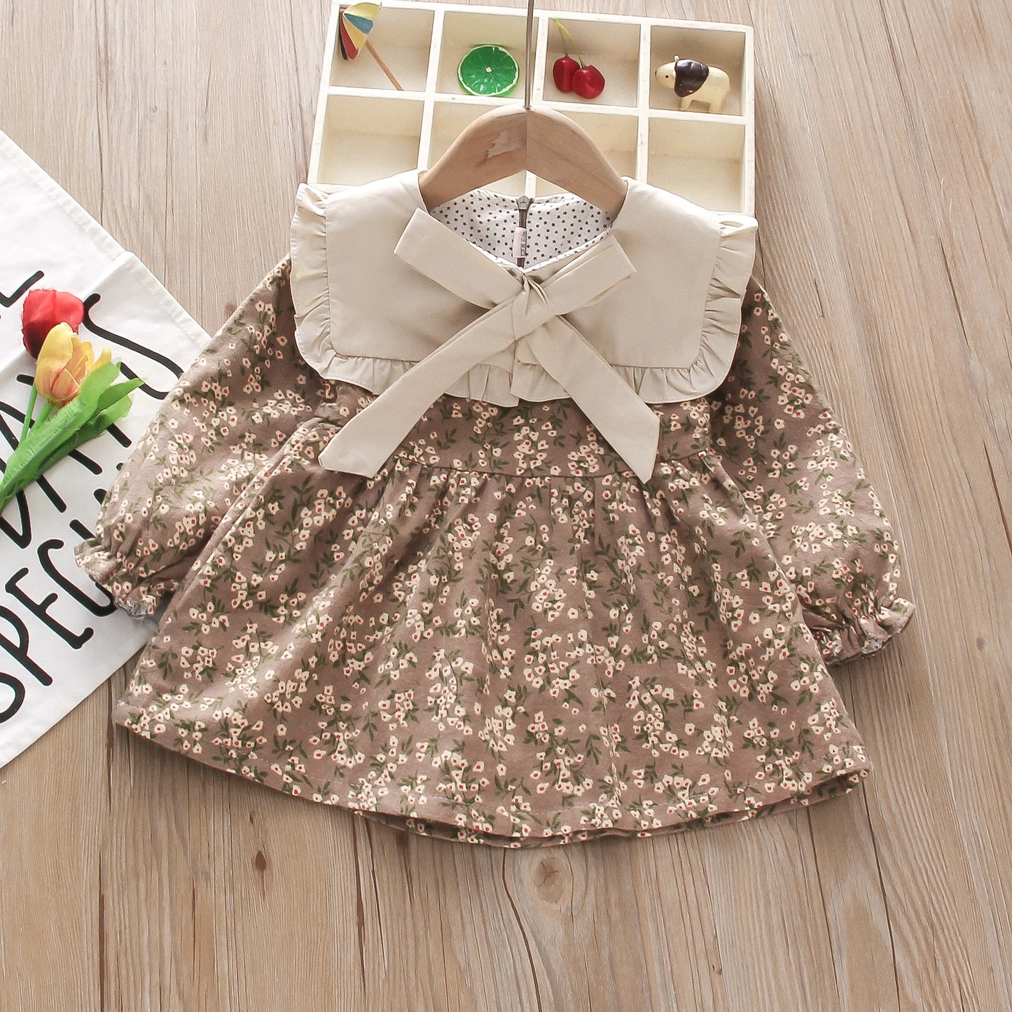 Baby Girl Clothes Spring And Autumn Long-Sleeved Bow Full Print Floral Doll Collar Children Dresses Cute Casual Baby Girl Dress