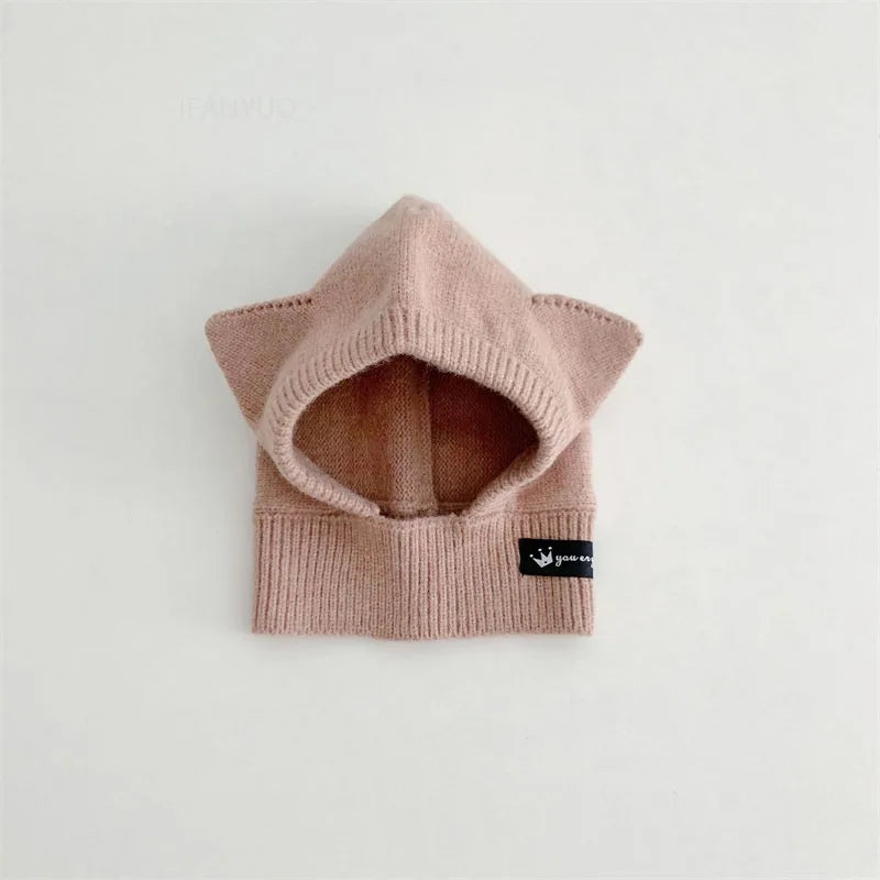 Baby Scarf Hat One-piece Knitted Cap Warm Cute Double Hairball Children Ear Protection Caps Korean Boys Girls Kid Windproof Hats