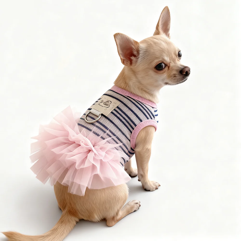 Fashion Pink Tulle Dog Dress Striped Knit Pet Outfit with D-Ring for Small Dogs Cats Photoshoot & Daily Wear