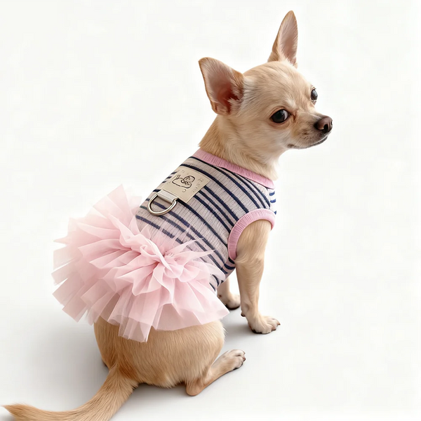 Fashion Pink Tulle Dog Dress Striped Knit Pet Outfit with D-Ring for Small Dogs Cats Photoshoot & Daily Wear