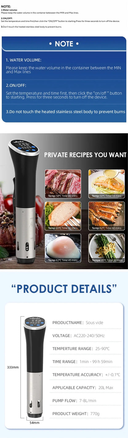 Wancle 1100W Sous Vide Cooker LCD Touch Immersion Circulator Accurate Cooking IPX7 Waterproof Vacuum Cooker with Digital Display