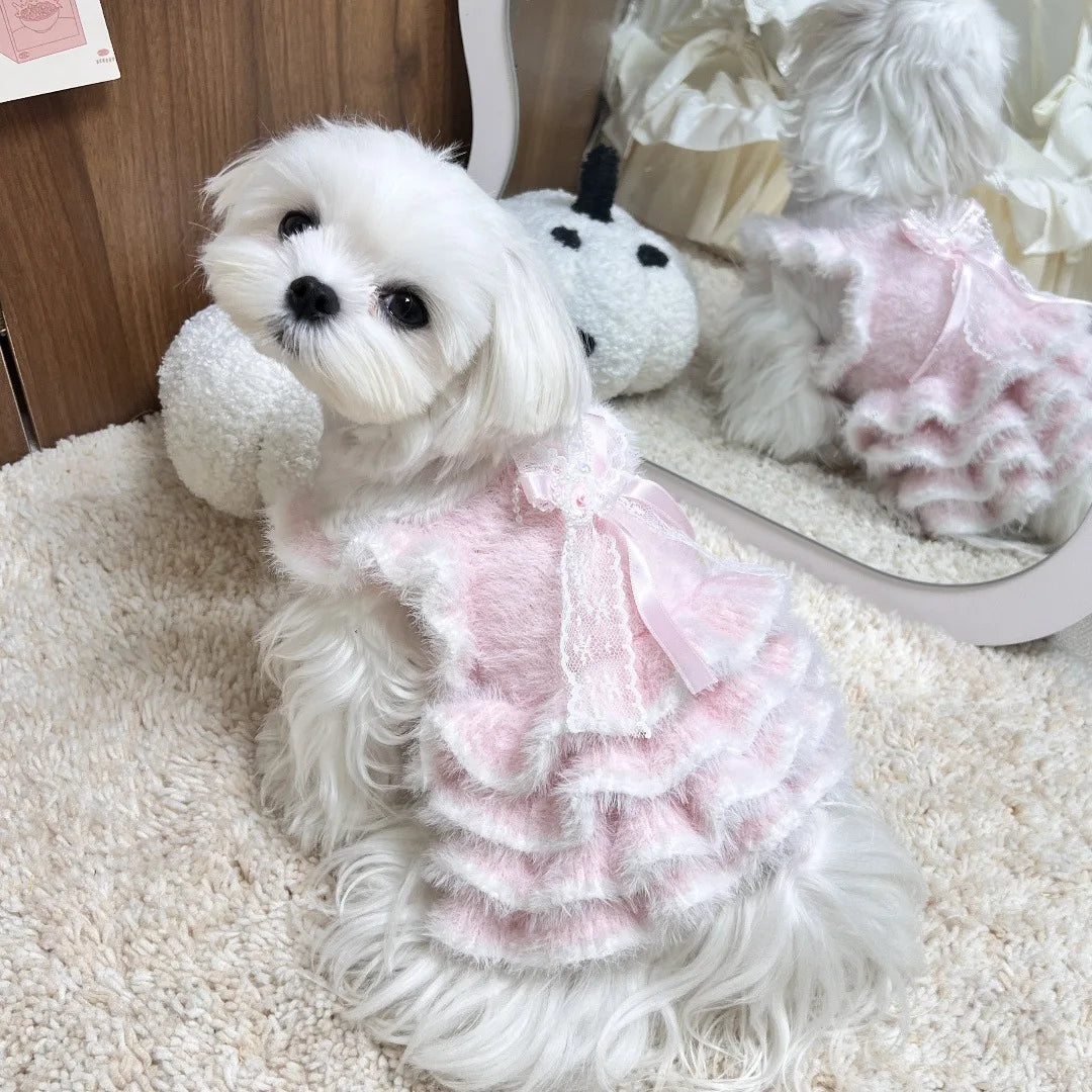 Autumn Winter Pet Knitted Dress Warm Sweater Dress With Puff Skirt For Small Dogs & Cats Yorkshire Plush Lined Skirt