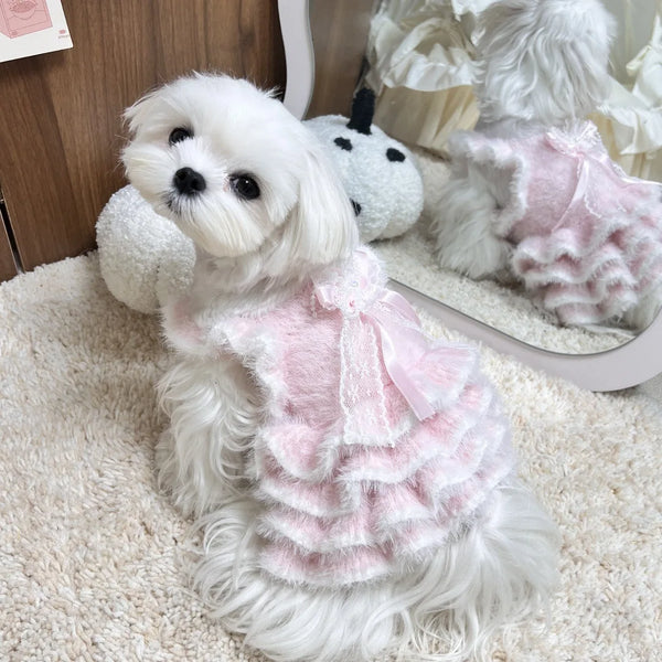 Autumn Winter Pet Knitted Dress Warm Sweater Dress With Puff Skirt For Small Dogs & Cats Yorkshire Plush Lined Skirt