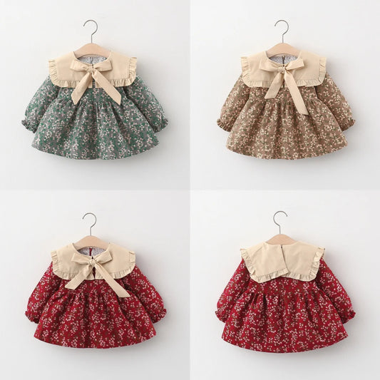 Baby Girl Clothes Spring And Autumn Long-Sleeved Bow Full Print Floral Doll Collar Children Dresses Cute Casual Baby Girl Dress