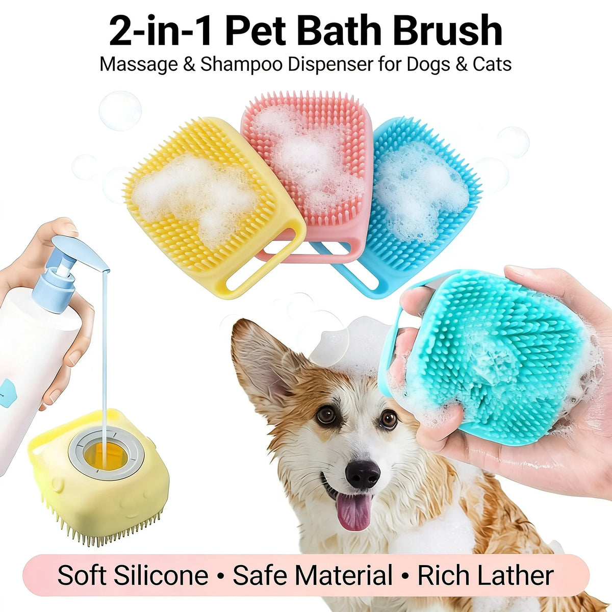 2-In-1 Pet Bath & Massage Brush With Shampoo Storage Silicone Dog Cat Grooming Tool For Puppy Kitten Sensitive Skin