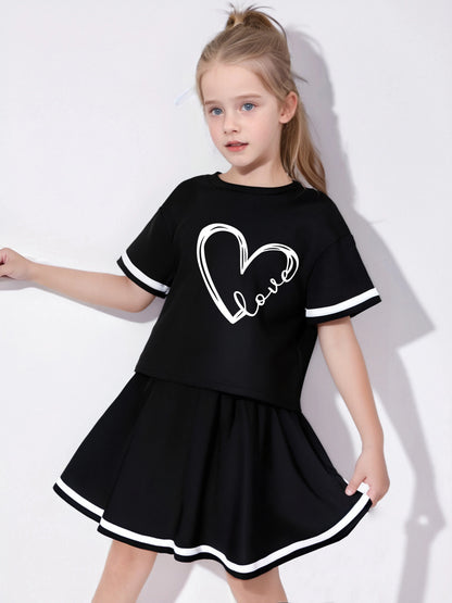 Summer girls' two-piece short sleeved top+pleated skirt set, printed pattern, casual and comfortable, suitable for outdoor sport
