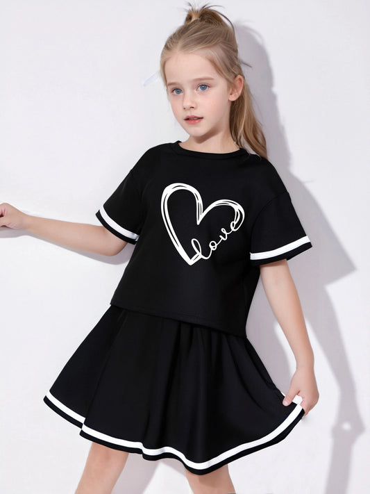 Summer girls' two-piece short sleeved top+pleated skirt set, printed pattern, casual and comfortable, suitable for outdoor sport