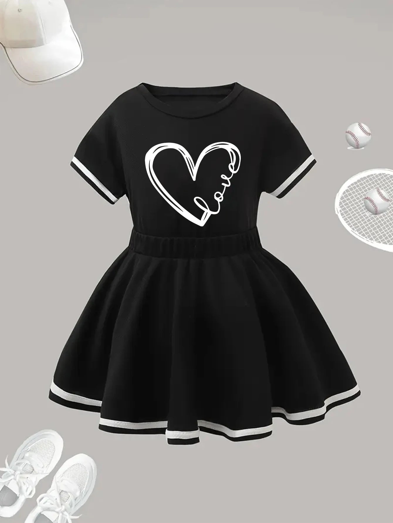 Summer girls' two-piece short sleeved top+pleated skirt set, printed pattern, casual and comfortable, suitable for outdoor sport