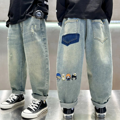 Teen Boys Jeans Spring Fall Children's Trousers Loose Fashion Cartoon Ripped Hole Toddler Korean Kids Casual Denim Pants 5-14 Y