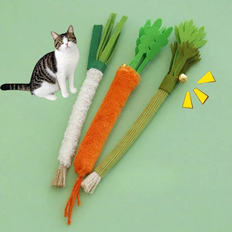 1/3pcs Cat Chew Toy Squeaky Bell Simulated Green Onion Carrot Celery Kitten Toy Interactive Durable Cat Teaser Stick Cat Toy