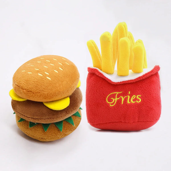 Cute French Fries & Hamburger Plush Squeaky Toys, Soft Interactive Cat Toys, Adorable Stuffed Pet Chew Toys, Cat Supplies