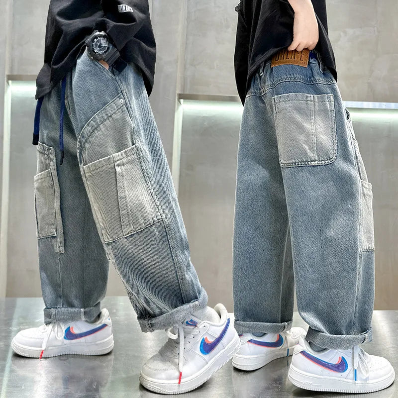 Teen Boys Jeans Spring Fall Children's Trousers Loose Fashion Cartoon Ripped Hole Toddler Korean Kids Casual Denim Pants 5-14 Y