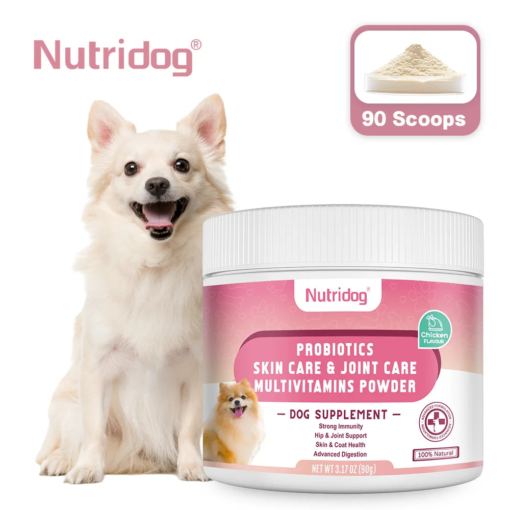 Chicken-flavored dog multivitamin powder with probiotics and glucosamine for joint and digestive health