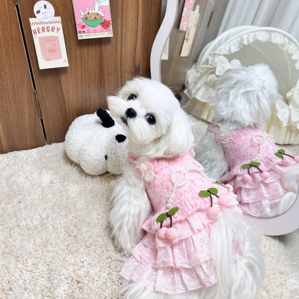 Pet Knitted Cherry Princess Dress For Dogs Cats Arm Sweater Tank Top, Soft Knit Pullover Pet Clothes For Small Dog Schnauzer Ted