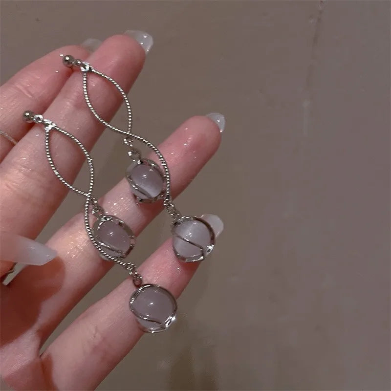 Long Drop Earrings Accessories for Women  Round Cut Synthetic Gems Bridal Wedding Jewelry Decor Elegant Ear Jewelry for Women