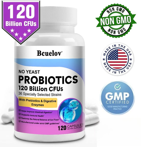 Probiotics 120 Billion CFU - 36 Strains with Prebiotics & Digestive Enzymes for Intestinal Digestion and Immune Support