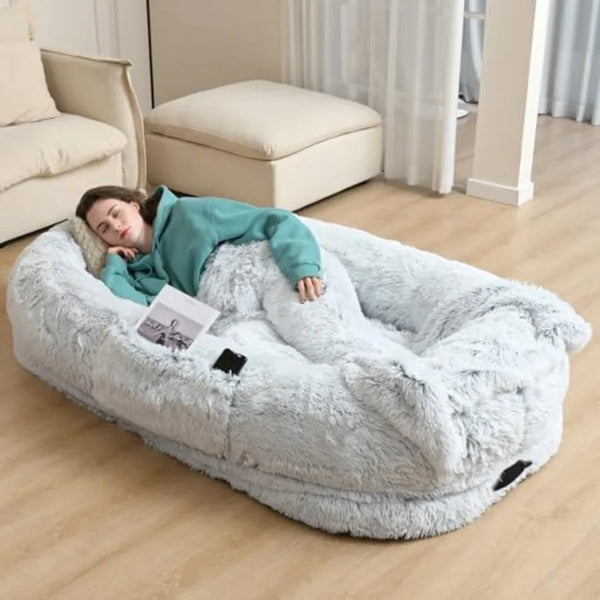 Human Dog Bed 71\"x45\"x12\" Calming Human Size Dog Bed for Adults Washable Faux Fur Orthopedic Floor Beds Waterproof Napping Pet