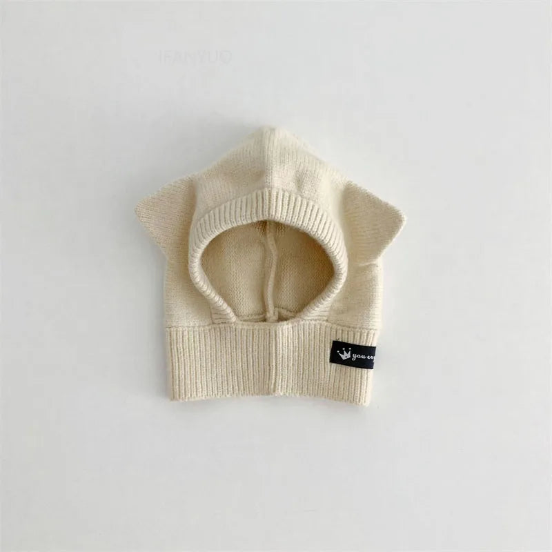 Baby Scarf Hat One-piece Knitted Cap Warm Cute Double Hairball Children Ear Protection Caps Korean Boys Girls Kid Windproof Hats