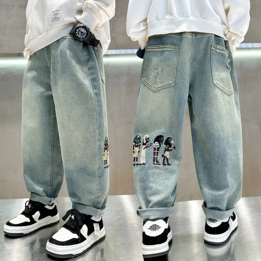 Teen Boys Jeans Spring Fall Children's Trousers Loose Fashion Cartoon Ripped Hole Toddler Korean Kids Casual Denim Pants 5-14 Y