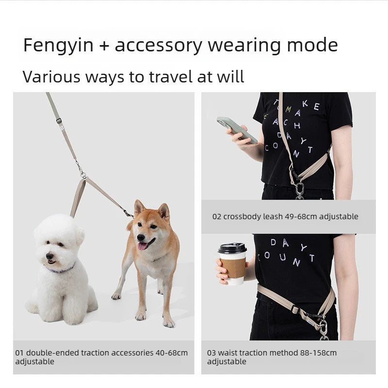 Multi-Functional Dog Leash Anti-Burst Shock Absorption Hands-Free Waist Shoulder Strap Adjustable 114-143cm for 40kg