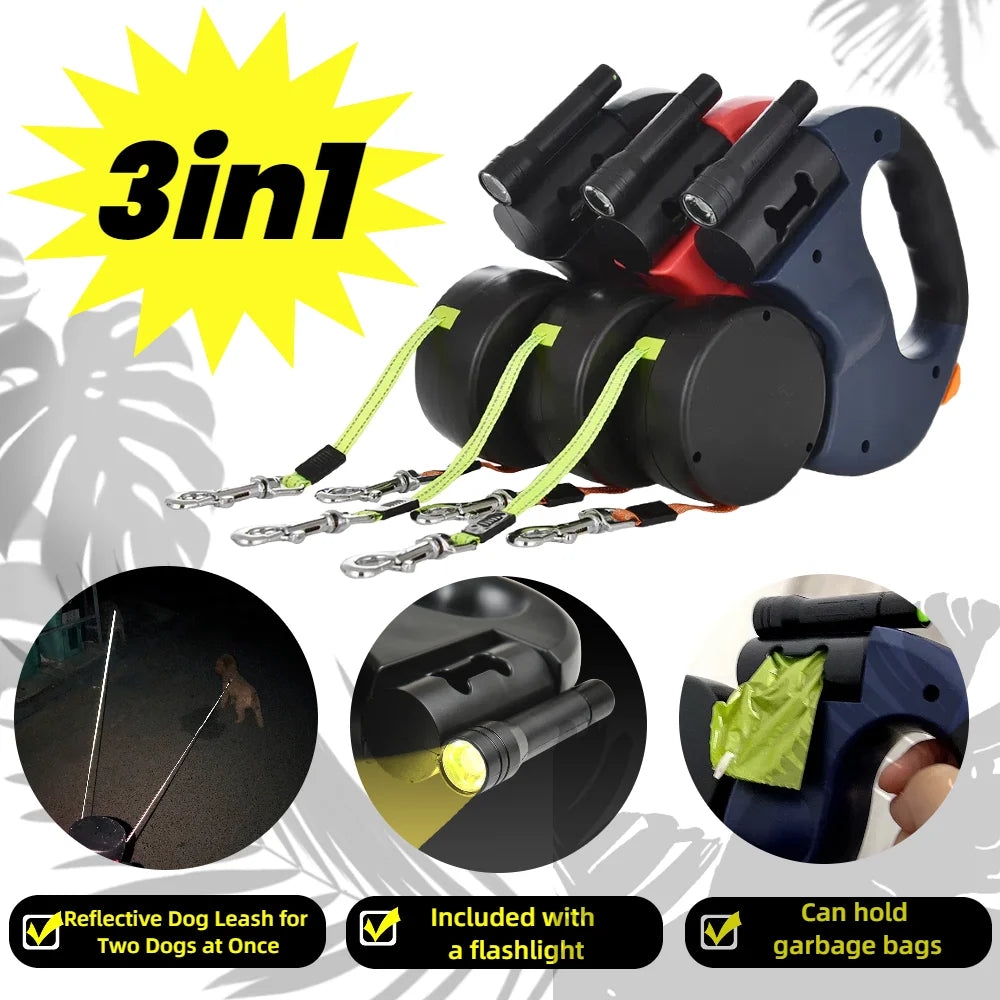Black extendable dog leash with attached LED flashlight and reflective strips