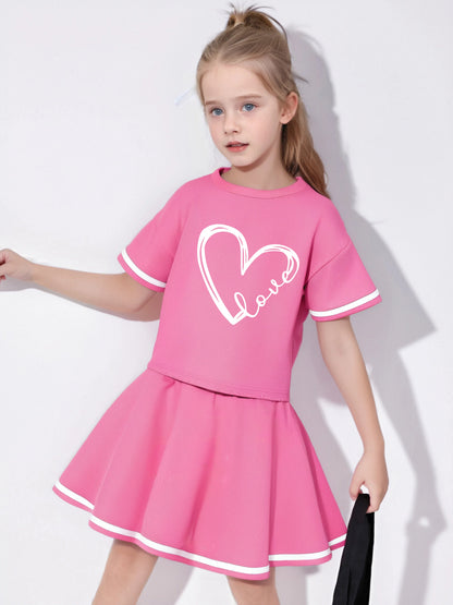 Summer girls' two-piece short sleeved top+pleated skirt set, printed pattern, casual and comfortable, suitable for outdoor sport