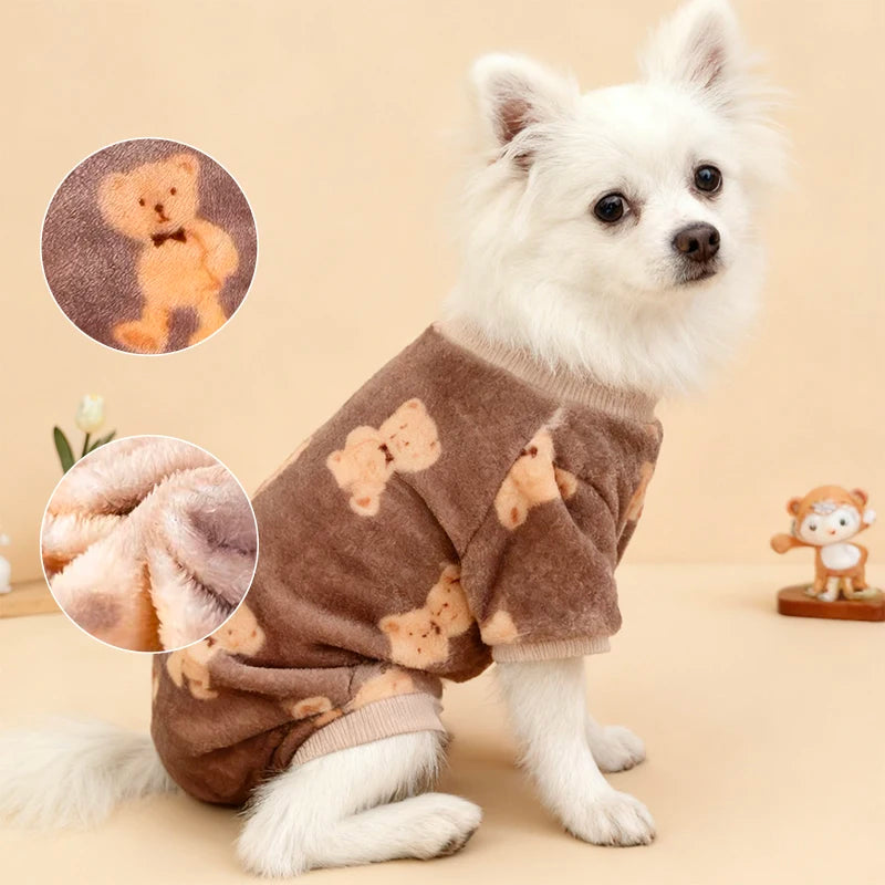 Adorable Bear Print Pet Onesie Sweater Soft Flannel Four-Legged Suit for Dogs And Cats Autumn Winter Pet Clothing