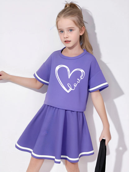 Summer girls' two-piece short sleeved top+pleated skirt set, printed pattern, casual and comfortable, suitable for outdoor sport