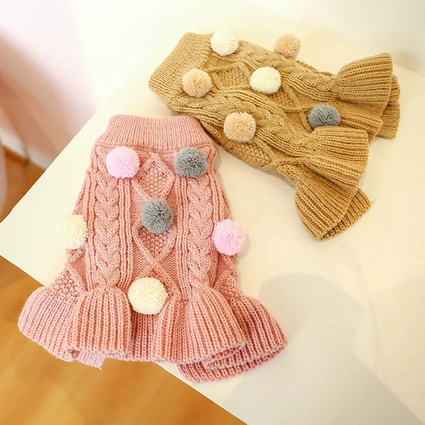 Pink Brown Winter Dog Sweater Skirt Knitwear Soft Warm Ball Cat Clothes Coat Small Yorkie Chihuahua Pet Clothing Puppy Hoodie