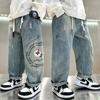 Teen Boys Jeans Spring Fall Children's Trousers Loose Fashion Cartoon Ripped Hole Toddler Korean Kids Casual Denim Pants 5-14 Y