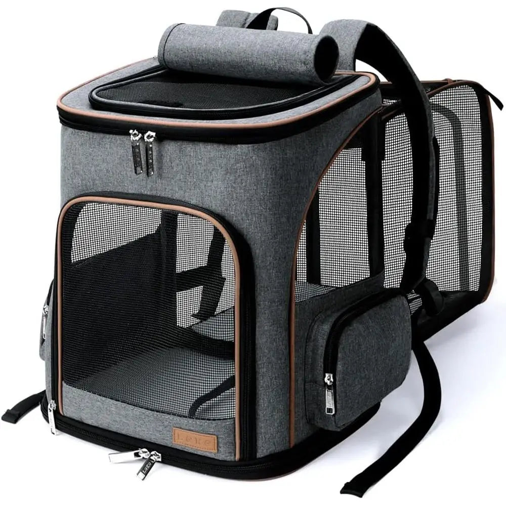 Expandable Pet Backpack Carrier for Cats and Small Dogs, Airline-Approved with Safety Leash, Grey