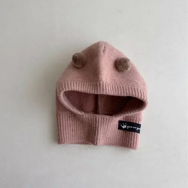 Baby Scarf Hat One-piece Knitted Cap Warm Cute Double Hairball Children Ear Protection Caps Korean Boys Girls Kid Windproof Hats