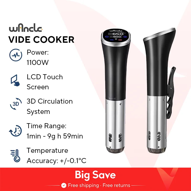 Wancle 1100W Sous Vide Cooker LCD Touch Immersion Circulator Accurate Cooking IPX7 Waterproof Vacuum Cooker with Digital Display