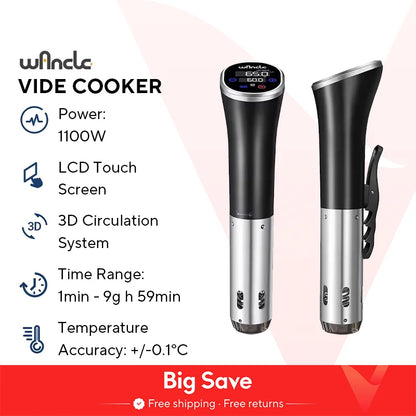 Wancle 1100W Sous Vide Cooker LCD Touch Immersion Circulator Accurate Cooking IPX7 Waterproof Vacuum Cooker with Digital Display
