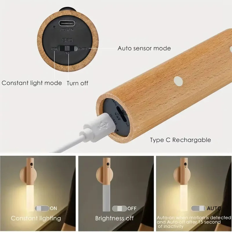 Wood Wall Lamp Kitchen Cabinet Lamp Creative Smart Automatic PIR Motion Sensor LED Rechargeable Magnetic Night Light